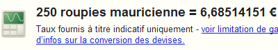 Convertir 250 Roupies mauriciennes en Euros
