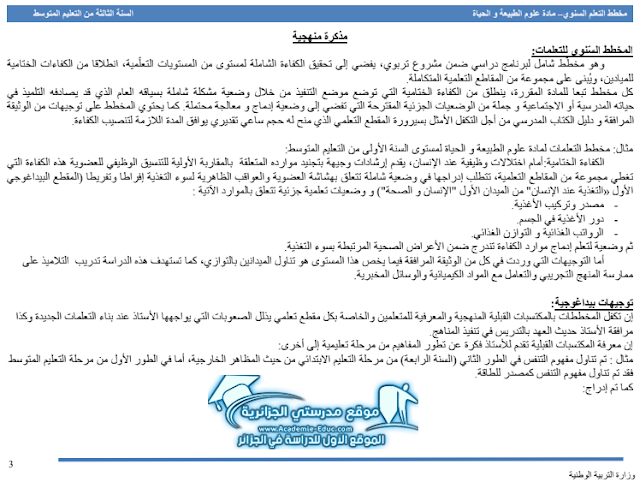 المخطط السنوي لمادة العلوم الطبيعية للسنة الثالثة متوسط