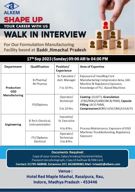 Alkem Walk In Interview For Production OSD/ Engineering Department