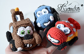 3 Cars crochet pattern in 1 - Lightning McQueen, Sally Carrera and Mater tow truck from The Cars Disney movie