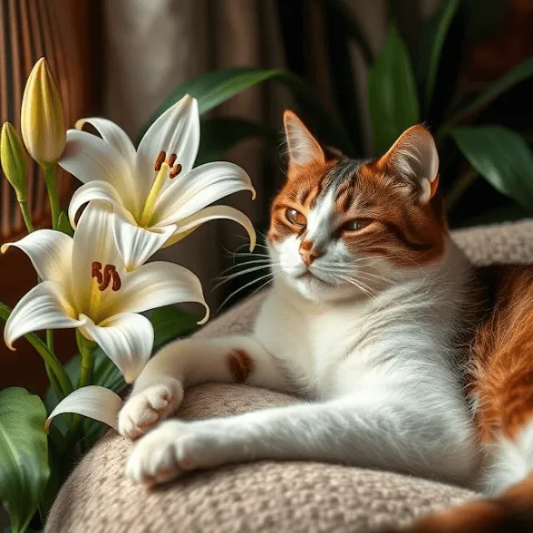 Cat relaxing near a peace lily in a cozy home