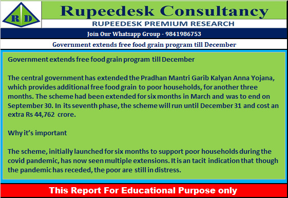 Government extends free food grain program till December - Rupeedesk Reports - 29.09.2022