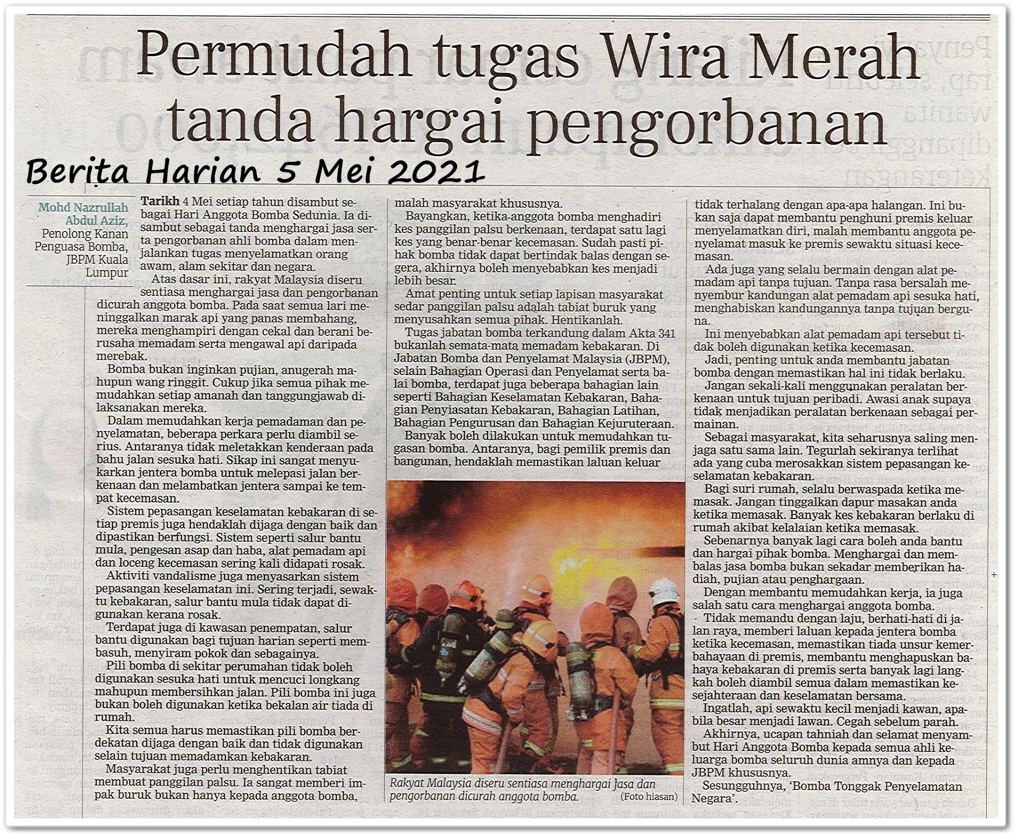 Permudah tugas Wira Merah tanda hargai pengorbanan - Keratan akhbar Berita Harian 5 Mei 2021