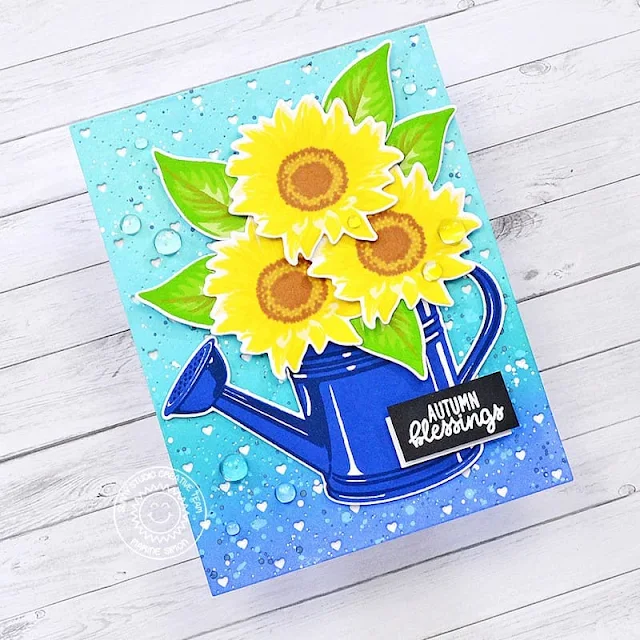 Sunny Studio Stamps: Watering Can Card by Marine Simon (featuring Sunflower Fields, Quilted Hearts Dies)