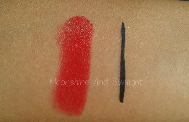 Bellapierre mineral lipstick in Ruby Swatch, SUGAR Eye Told You So! eyeliner swatch on Vana Vidhi Shimmer Sunscreen 