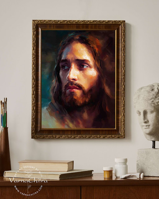 Unique close up painting of Jesus Christ in Impasto Thick Oil Painting Style.  Colorful deep colors, handsome Jesus with elegant look, by Biju Varnachitra