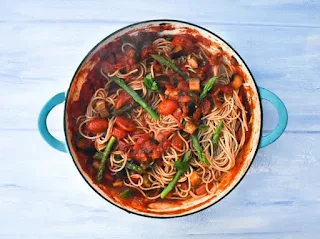 Grilled Aubergine, Asparagus & Chilli Spaghetti in casserole pan