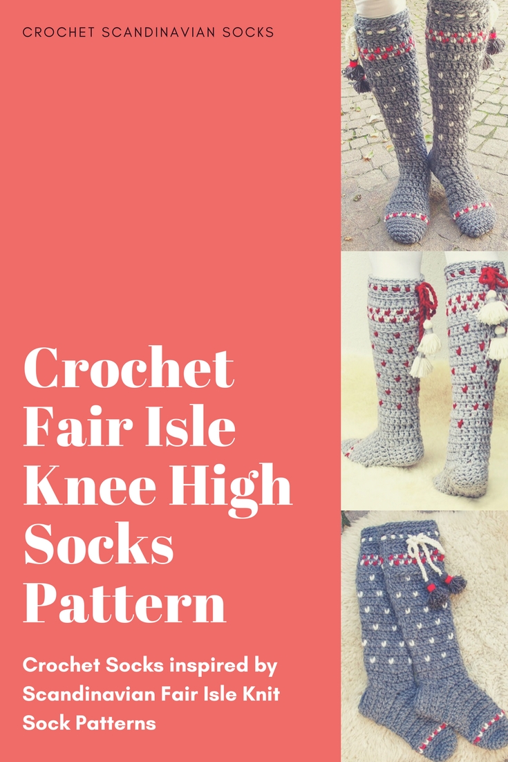 Crochet a pair of socks with a Fair Isle Scandinavian look and feel to them