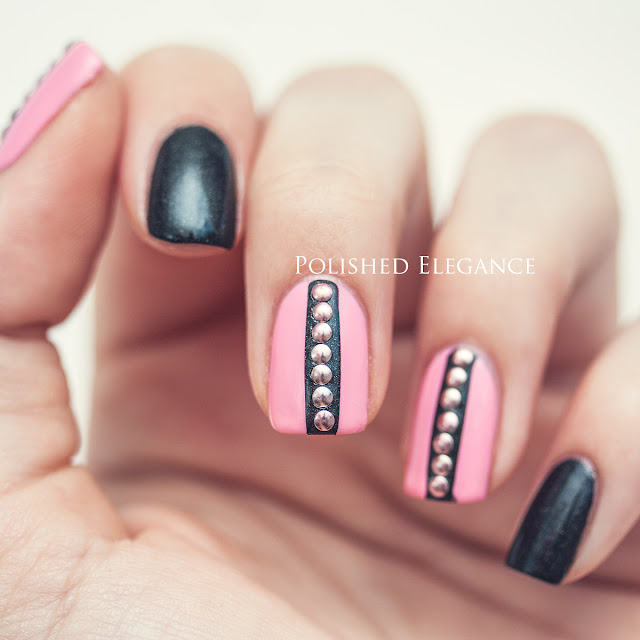 pink and black studs nail art manicure A-England - Bridal Veil OPI - Chic From Ears To Tail nail polish nail art