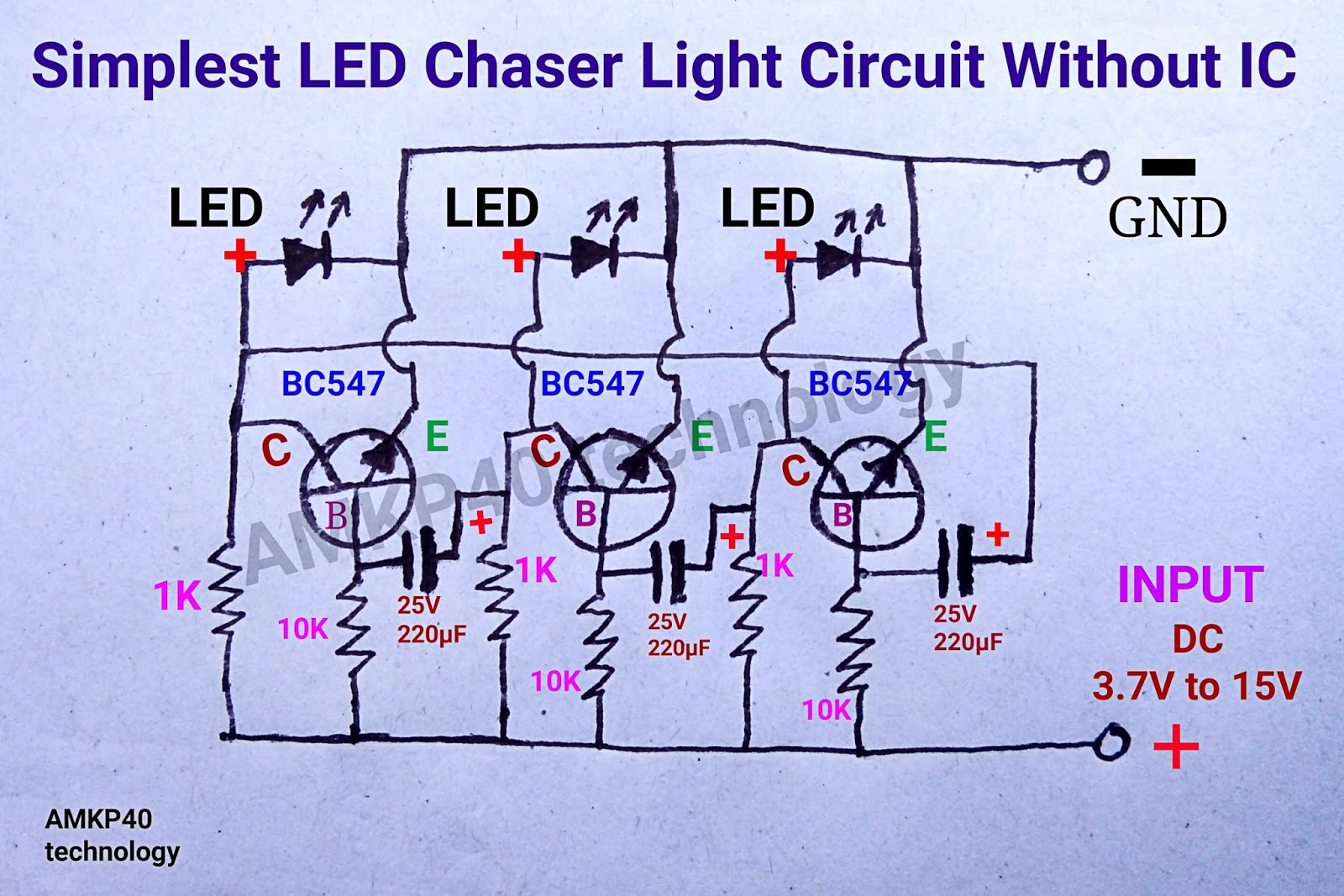 Simplest 12V LED Chaser  well-ventilated Without IC Circuit Diagram