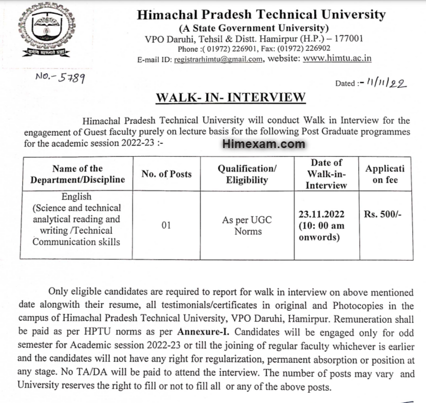 HPTU Guest Faculty Recruitment 2022