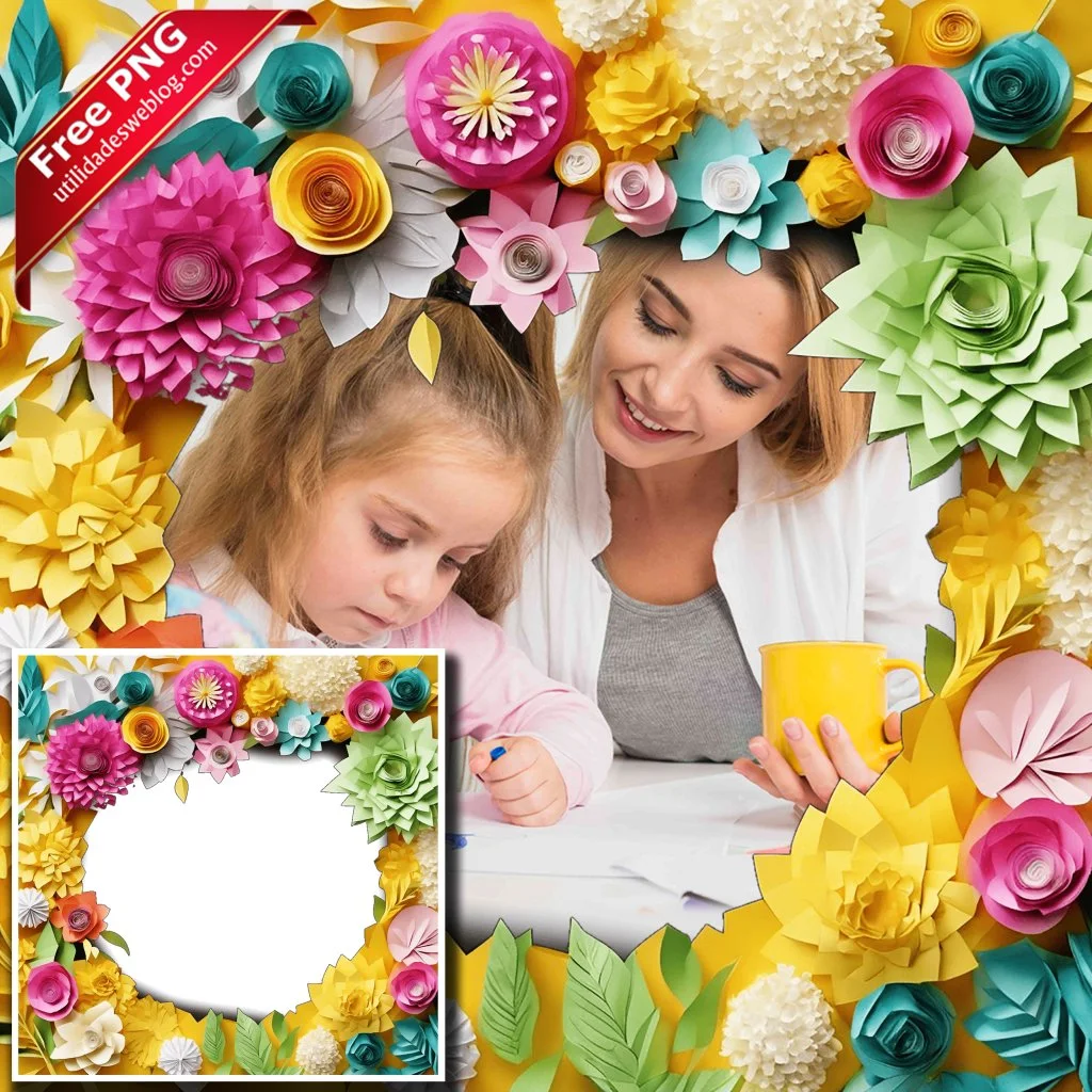 marco para fotos con flores de papel en png con fondo transparente para descargar gratis