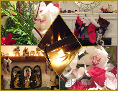Christmas collage flowers candle fireplace