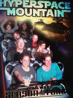 Gena, Mike, Jamie and Mark on the HyperSpace Mountain ride