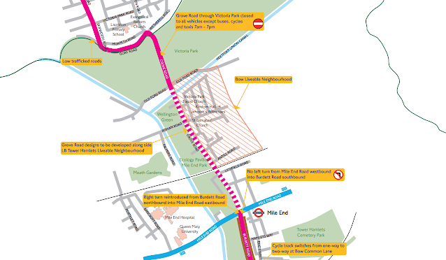 A map of Bow illustrating the proposed route of the TfL north-south cycle route