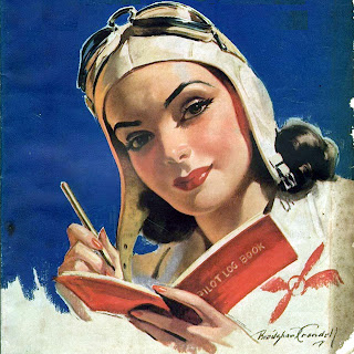 Modified detail of the cover painting of Cosmopolitan Magazine, May 1941, by Bradshaw Crandell. A young woman with an aviator cap and goggles on her cap smiles as she prepares to write in a small, red notepad that says, "PILOT LOG BOOK" on its cover. Her white jacket has a wing and propeller logo on her left breast. Tufts of black hair descend from her aviator cap. The painted blue background trails off unfinished on the left side of the image.