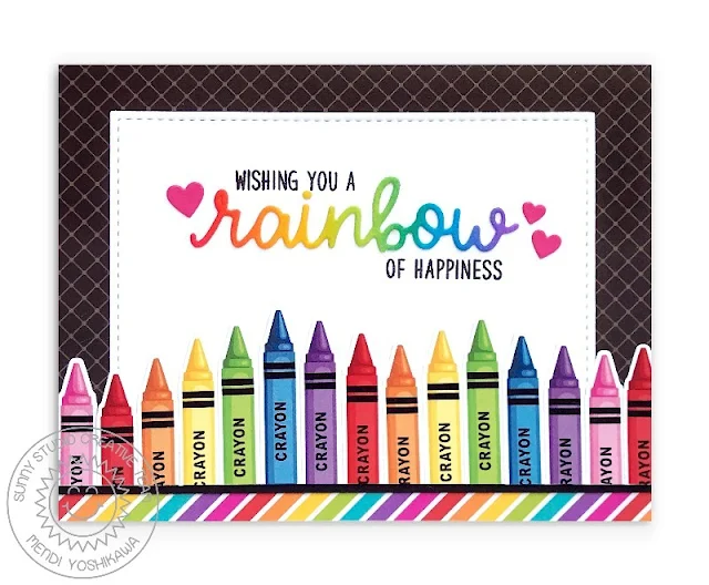 Sunny Studio: Wising You A Rainbow of Happiness Crayon Card (using Color My World & Over The Rainbow Stamps and Rainbow Bright & Classic Sunburst Paper)