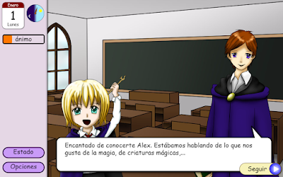 Conversando con dos compañeros de la escuela de magia en la primera clase