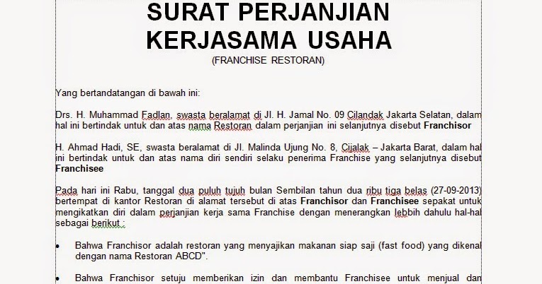 Budidaya Burung: [.doc] CONTOH SURAT PERJANJIAN KERJASAMA 