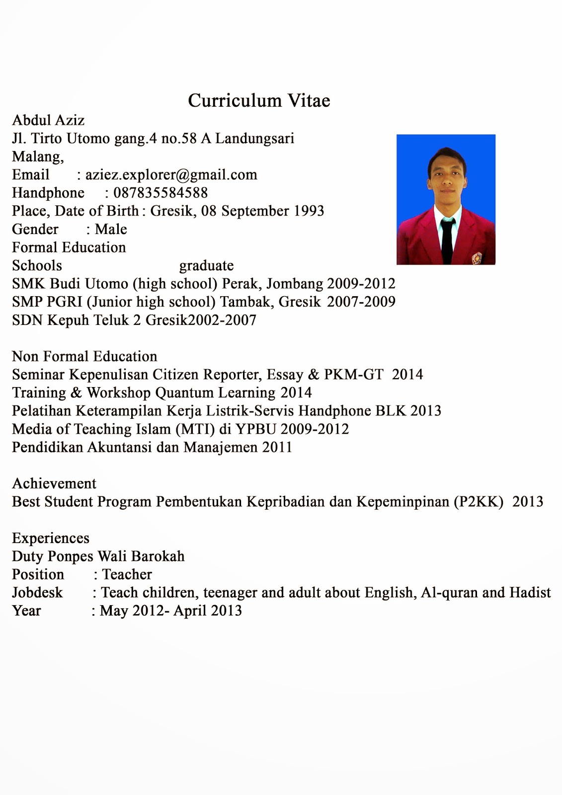 Contoh Biodata Diri Daftar Riwayat Hidup  New Style for 