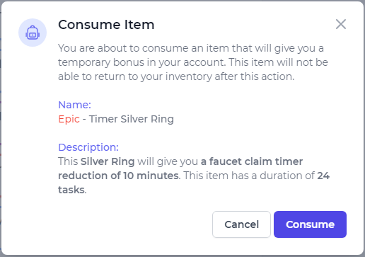 Name:  Epic - Timer Silver Ring  //  Description:  This Silver Ring will give you a faucet claim timer reduction of 10 minutes. This item has a duration of 24 tasks.
