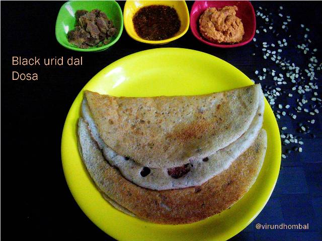 Black urid dal dosa also called as mulu ulundhu dosa in Tirunelveli. This is a famous breakfast dish in Tirunelveli. This is an easy and healthy dosa with rice, black urid dal and fenugreek. We often prepare this dosa for weekend breakfast or dinner. The addition of black urid dal with its skin is what it makes it so special and unique. Black urid dal contains a lot of nutritional value. In most of our food items we include black urid dal rather than the white variety. This black urid dal is also super easy to make with simple two step process. I use split black gram dal in this recipe, but you may also use the whole black gram dal. Many people have a doubt that if black split  grams are ground along with the skin then how it will taste. It is very tasty if they are ground and fermented properly. The best accompaniment for this black urid dal dosa are onion garlic coconut thuvaiyal, ellu podi  and  powdered palm jaggery.  Follow these simple step by step instructions for a super tasty and healthy dosa. For this dosa, it is important not to over grind the urid dal. If you over grind it with more water then the dosa will turn very thin and flat not fluffy. Make sure to grind the dal and rice in correct consistency. Now let us see how to prepare black urid dal dosa with step by step photos