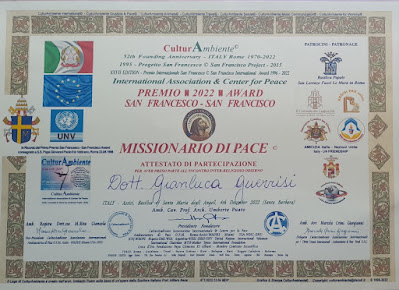 Attestato di MISSIONARIO di PACE – Premio San Francesco 2022 – Conferito al dott. Gianluca GUERRISI, Segretario di Presidenza Nazionale dell’Associazione ARGOS Forze di POLIZIA. Reg. ATT. 2022.12.04.MDP.