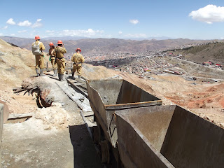 Mining tour group on Cerro Rico overlooking Potosi in Bolivia