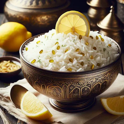 Auf dem Bild ist eine große silberfarbene orientalische Schale gefüllt mit weißem Reis und Zitronenschnitzen als Garnitur, zu sehen. Der Reis ist frisch gekocht, sieht lecker und appetitlich aus.