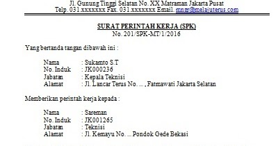 Contoh Surat Perintah Kerja/Tugas (SPK) Resmi Yang Baik 