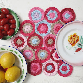 ByHaafner, bright colours, crochet, circles, doily, placemat, enamel, white wooden floor