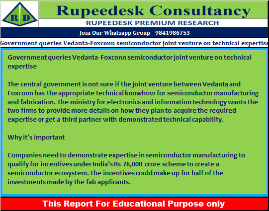 Government queries Vedanta-Foxconn semiconductor joint venture on technical expertise - Rupeedesk Reports - 05.07.2022