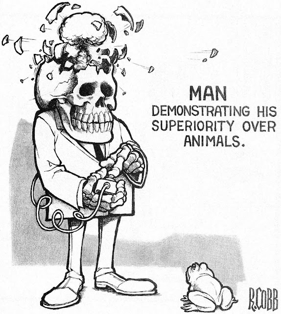 a a Ron Cobb cartoon of Man demonstrating his superiority over animals