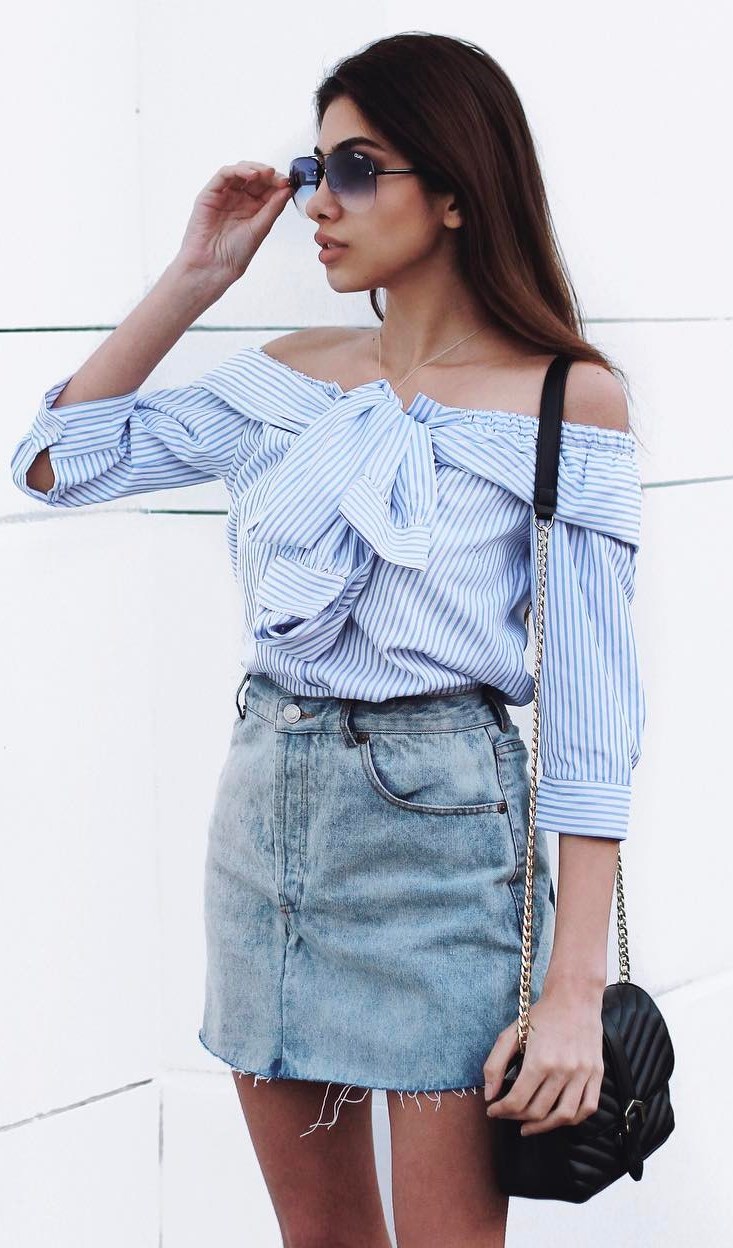 trendy ootd: shirt + denim skirt + bag