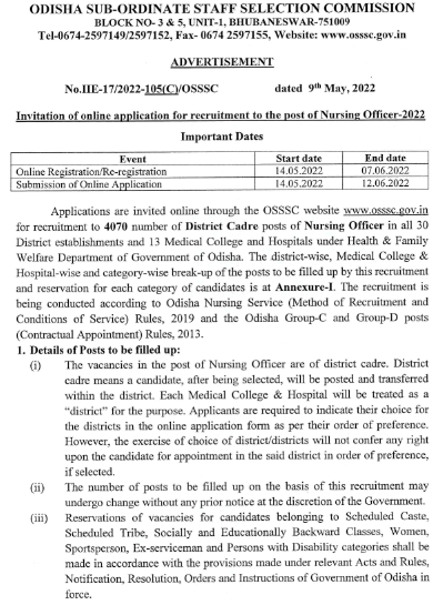OSSSC Nursing Officer Recruitment 2022 notification for 4070 vacancies
