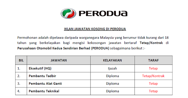 Jawatan Kosong PERODUA - Kelayakan Diploma/Ijazah Jawatan Kosong PERODUA - Kelayakan Diploma/Ijazah