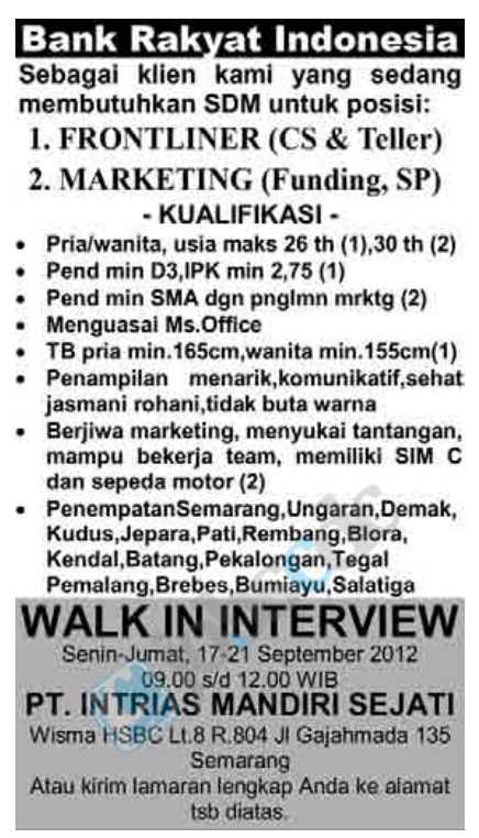 Bank BRI - Walk in Interview SMA, D3 Frontliner, Marketing 