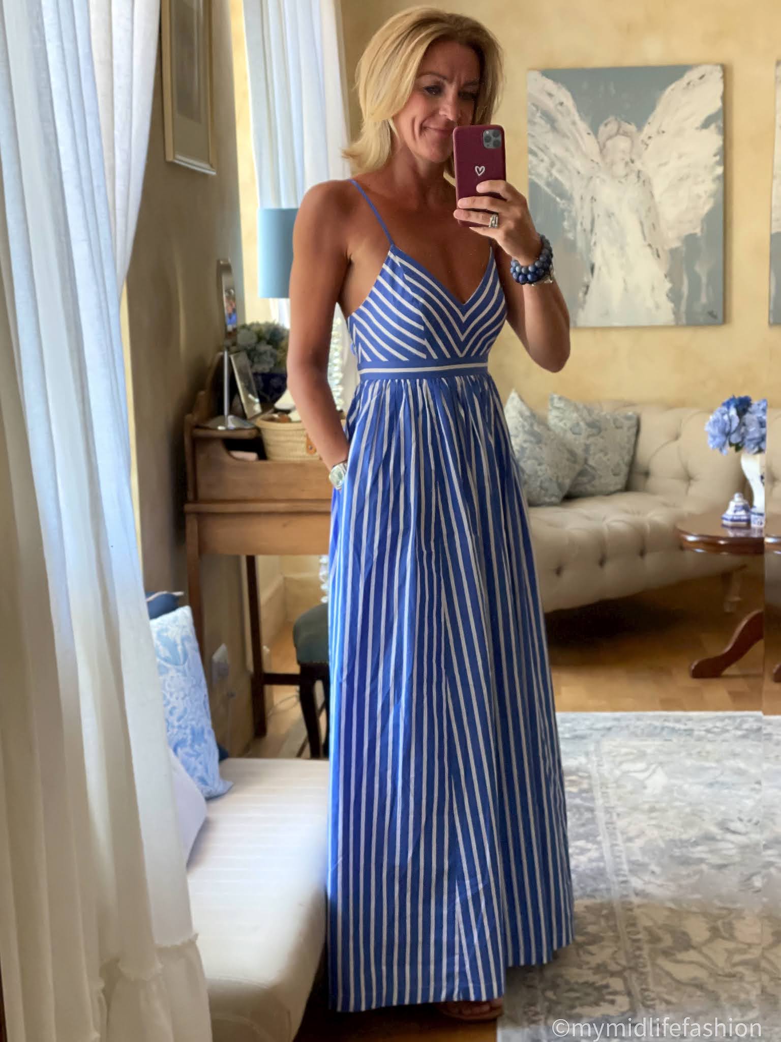 my midlife fashion, j crew stripe maxi sun dress, speak out chris braided leather sandals