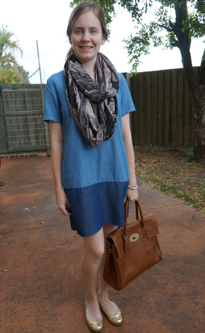 Paisley print Snood Chambray Shift Dress Mulberry Bayswater Outfit