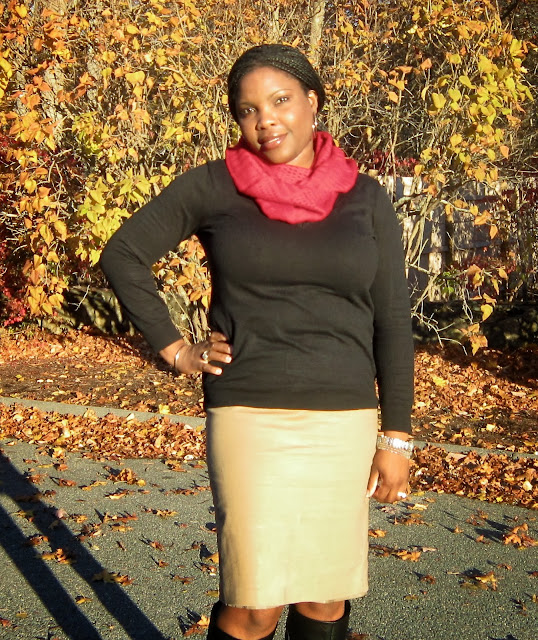 Brown Skirt modest, Nine West black boots, Red Infinity Scarf, TJ maxx find