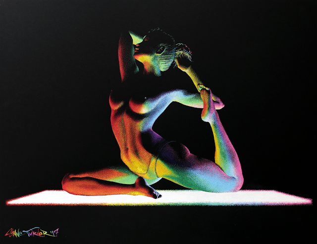 Pointillism colorful Painting on Paper of woman doing yoga being lit from underneath by yoga mat in rainbow of colors creating a modern colorful chiaroscuro effect.