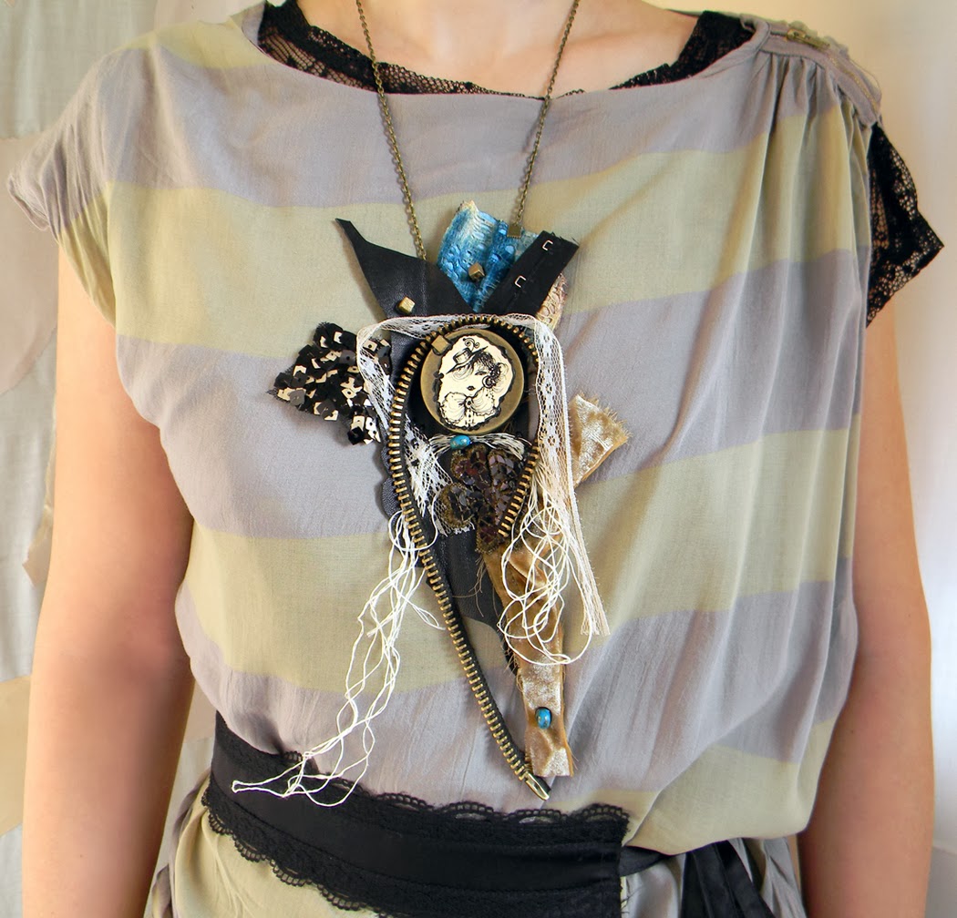 Unique Necklace Bib, Leather Neck Piece with Textile Lace Applique and Original Drawing, Vintage Modern Twist Jewlery