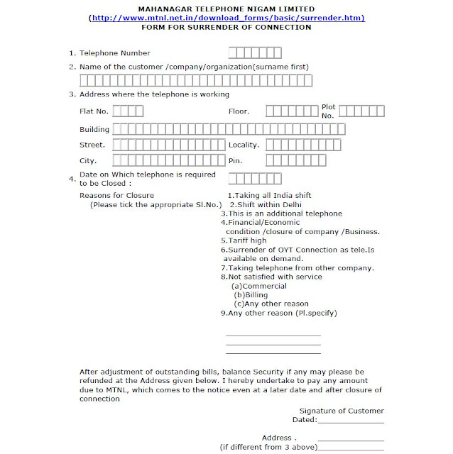 MTNL Surrender Form PDF