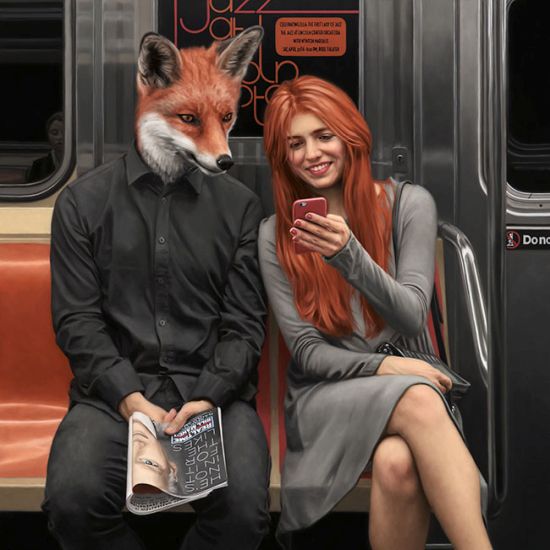 Matthew Grabelsky arte pinturas óleo surreais animais antropomórficos metrô nova york foto realismo