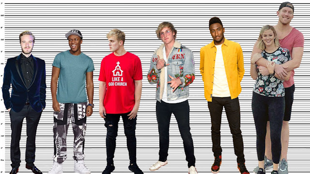 Logan Paul with PewDiePie (5'9"), KSI (5'10"), Jake Paul (5'10.5"), MKBHD (6'3"), and the giant Beau Brown (7'1")