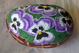 Painted Rock of Pansies in a Basket by Cindy Thomas