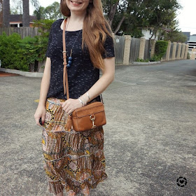 awayfromtheblue instagram summer printed maxi skirt and tee thrifted opshopped outfit with mab camera bag