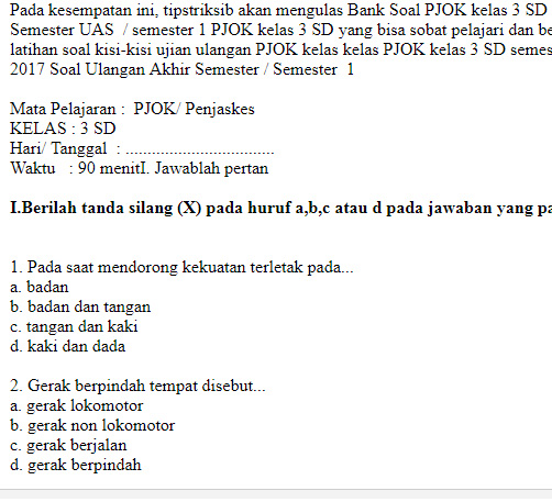 Soal Uas Ukk Pjok Penjaskes Kelas 3 Sd Semester 1 Tipstriksib
