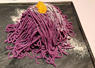 Purple sweet potato mont blanc with chestnut cake base