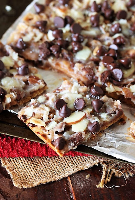 Salted Toffee Graham Cracker Candy with Sliced Almonds and Chocolate Chips Image